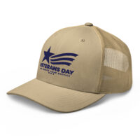 Khaki Veterans Day mesh trucker cap with navy embroidery