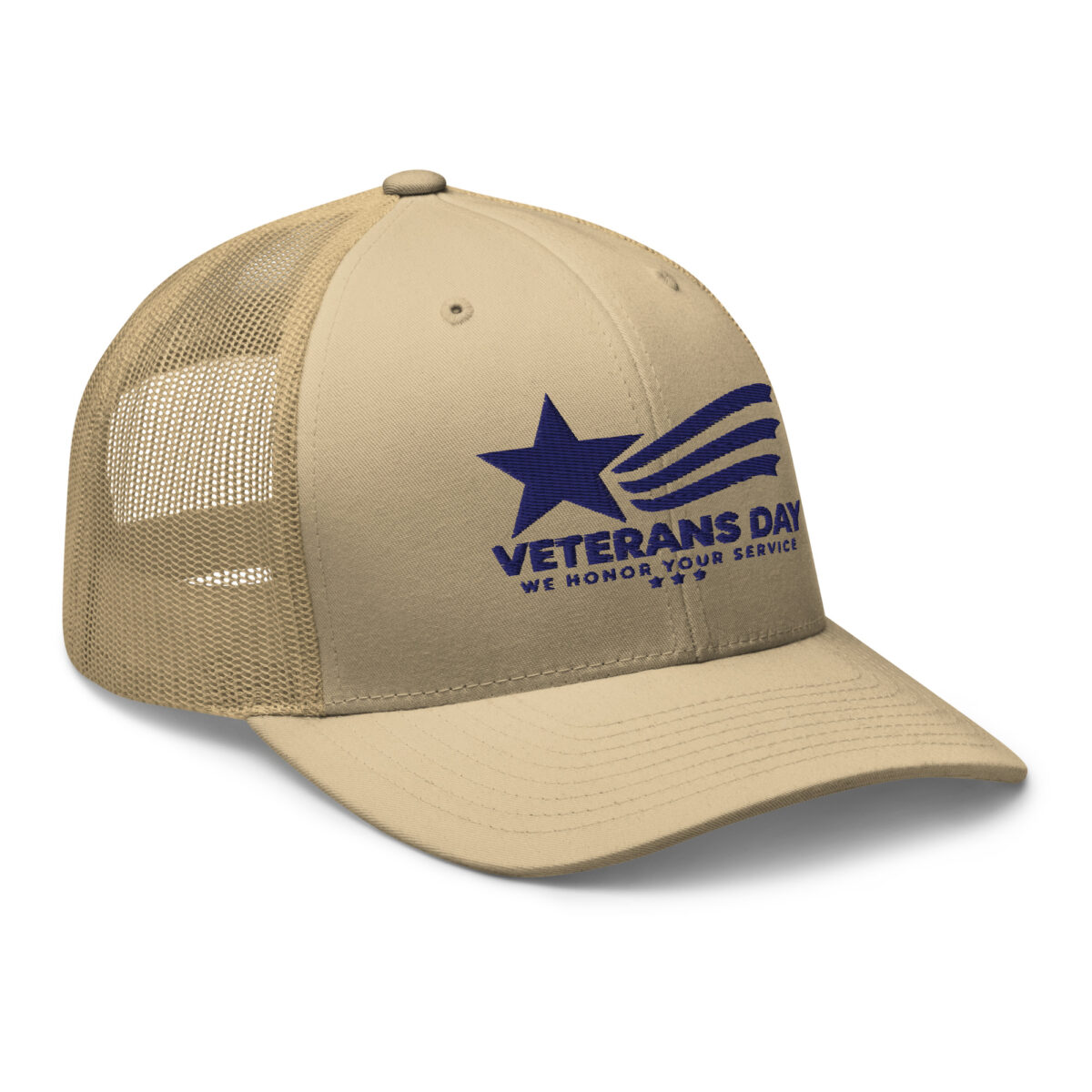 Tan Veterans Day mesh trucker cap with navy embroidery