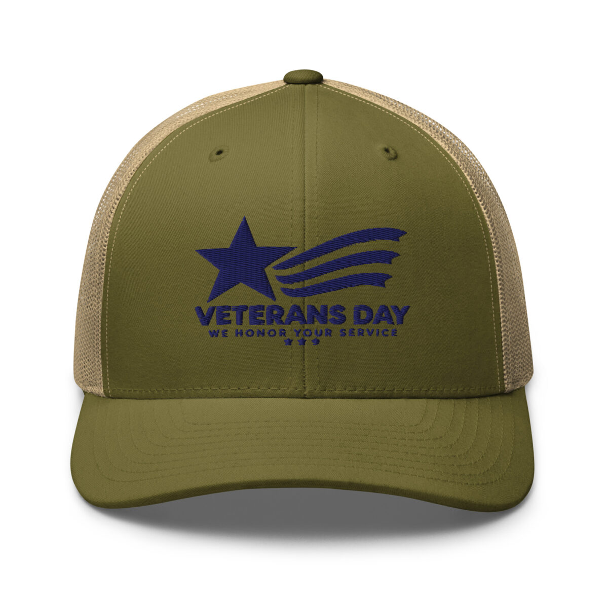 Olive trucker cap embroidered with Veterans Day star logo
