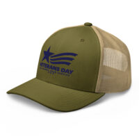 Olive Veterans Day mesh trucker hat with blue logo