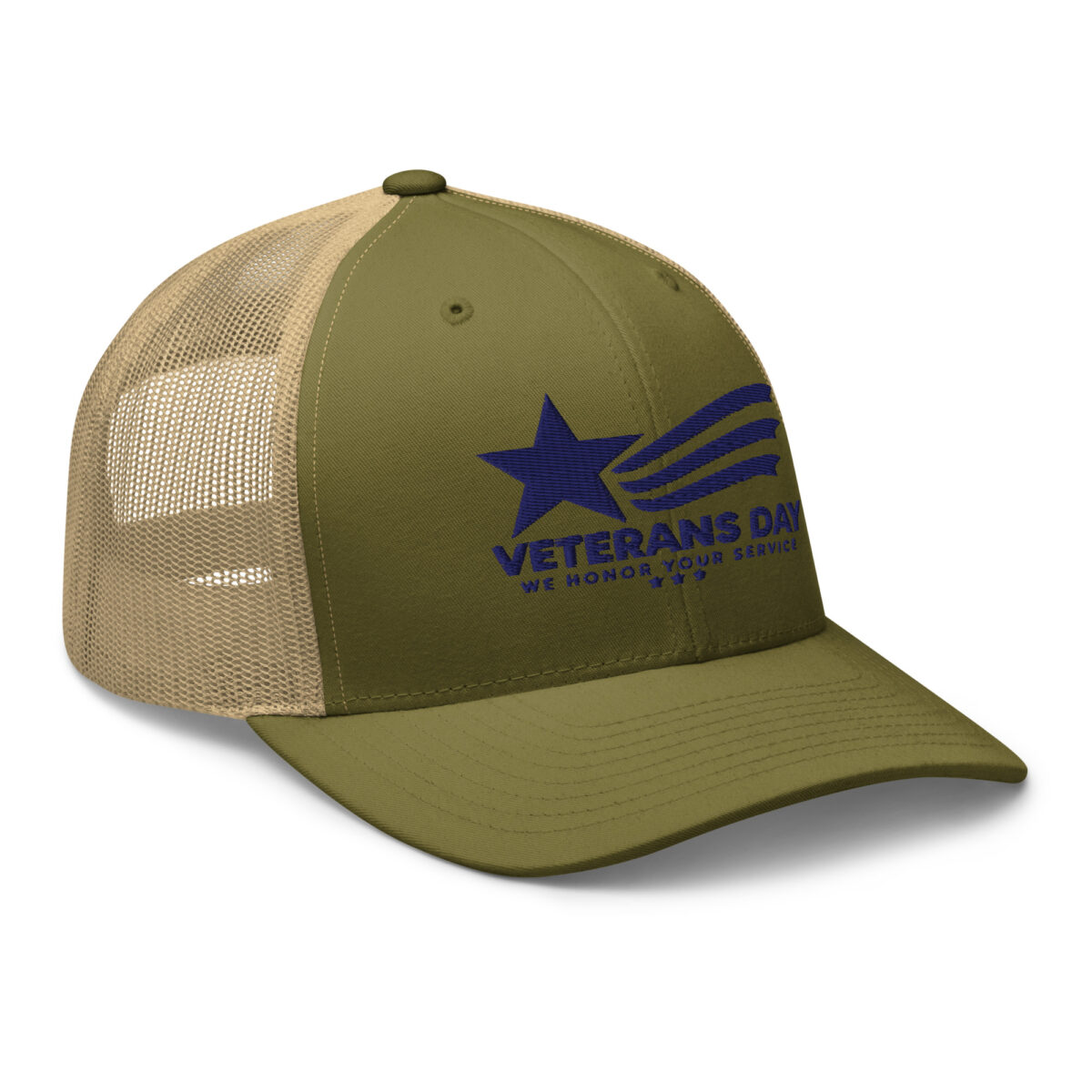 Olive and tan Veterans Day mesh trucker hat