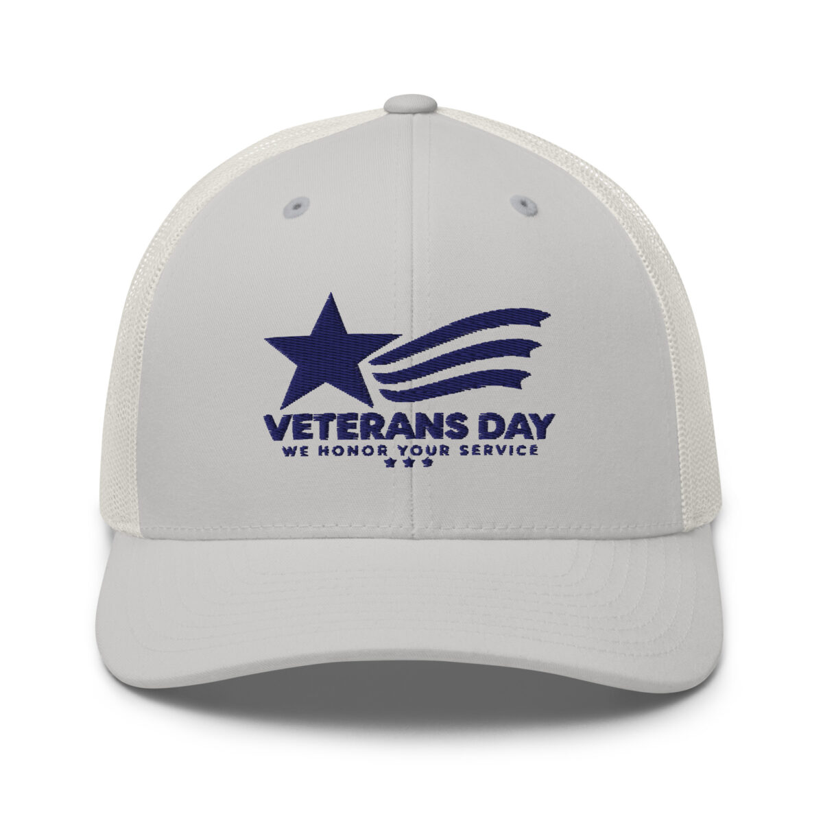 White Veterans Day trucker cap with blue embroidered logo