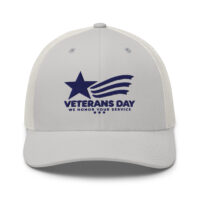 White Veterans Day trucker cap with blue embroidered logo