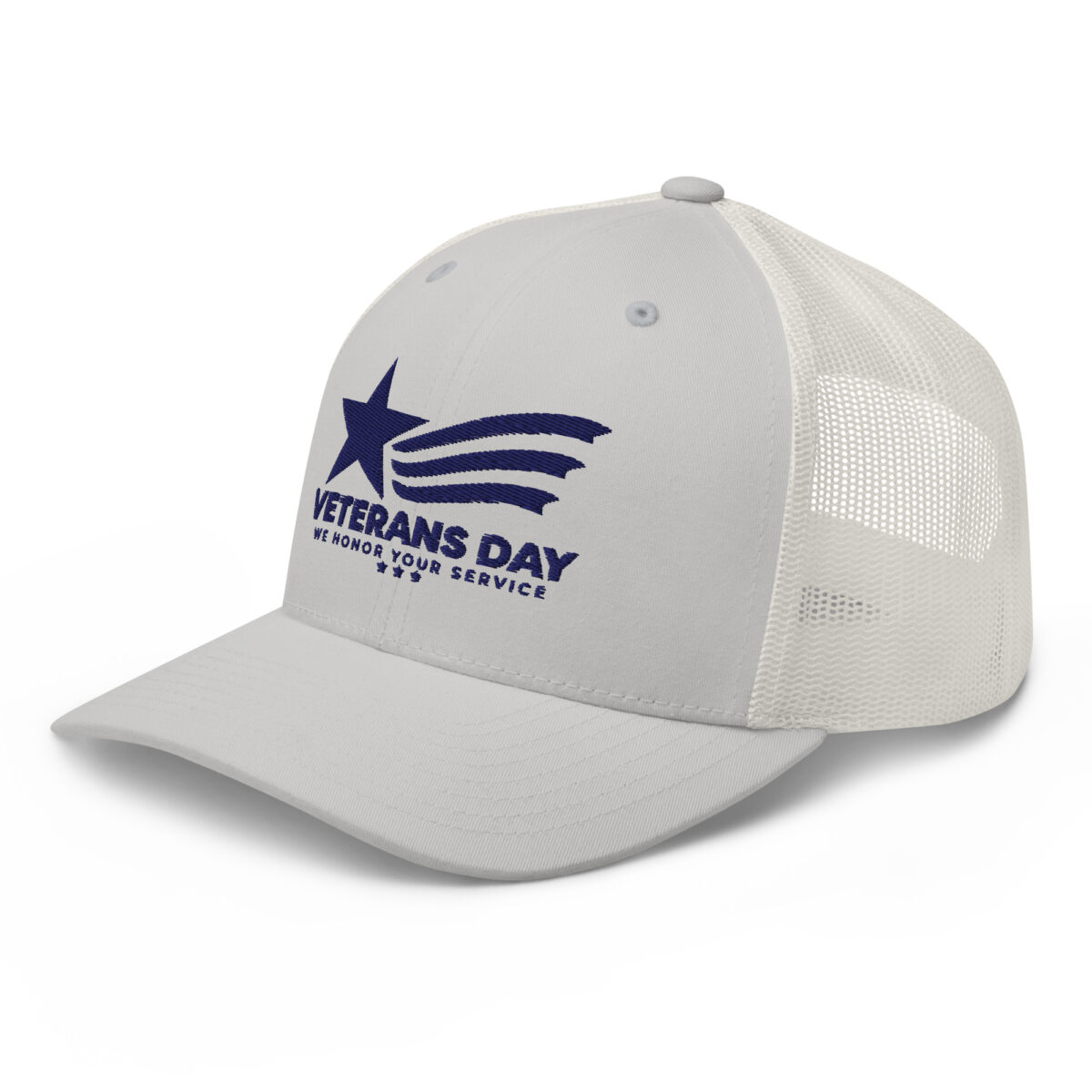 White Veterans Day mesh trucker hat with navy embroidery