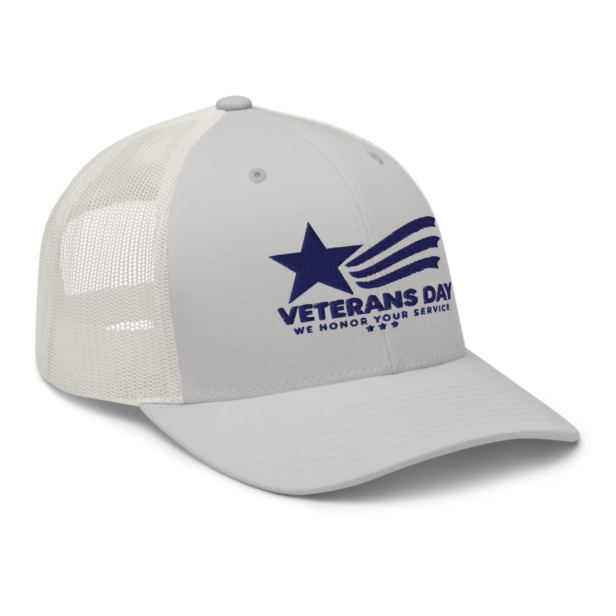 White mesh Veterans Day trucker cap with blue logo