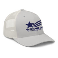 White mesh Veterans Day trucker cap with blue logo