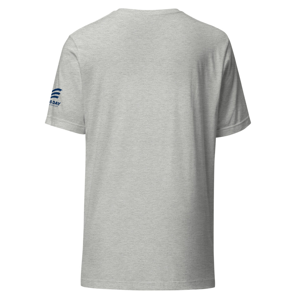 Gray T-shirt with navy logo on left sleeve