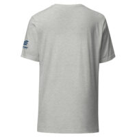 Gray T-shirt with navy logo on left sleeve
