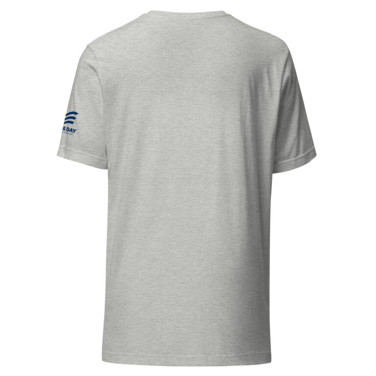 Gray T-shirt with navy logo on left sleeve