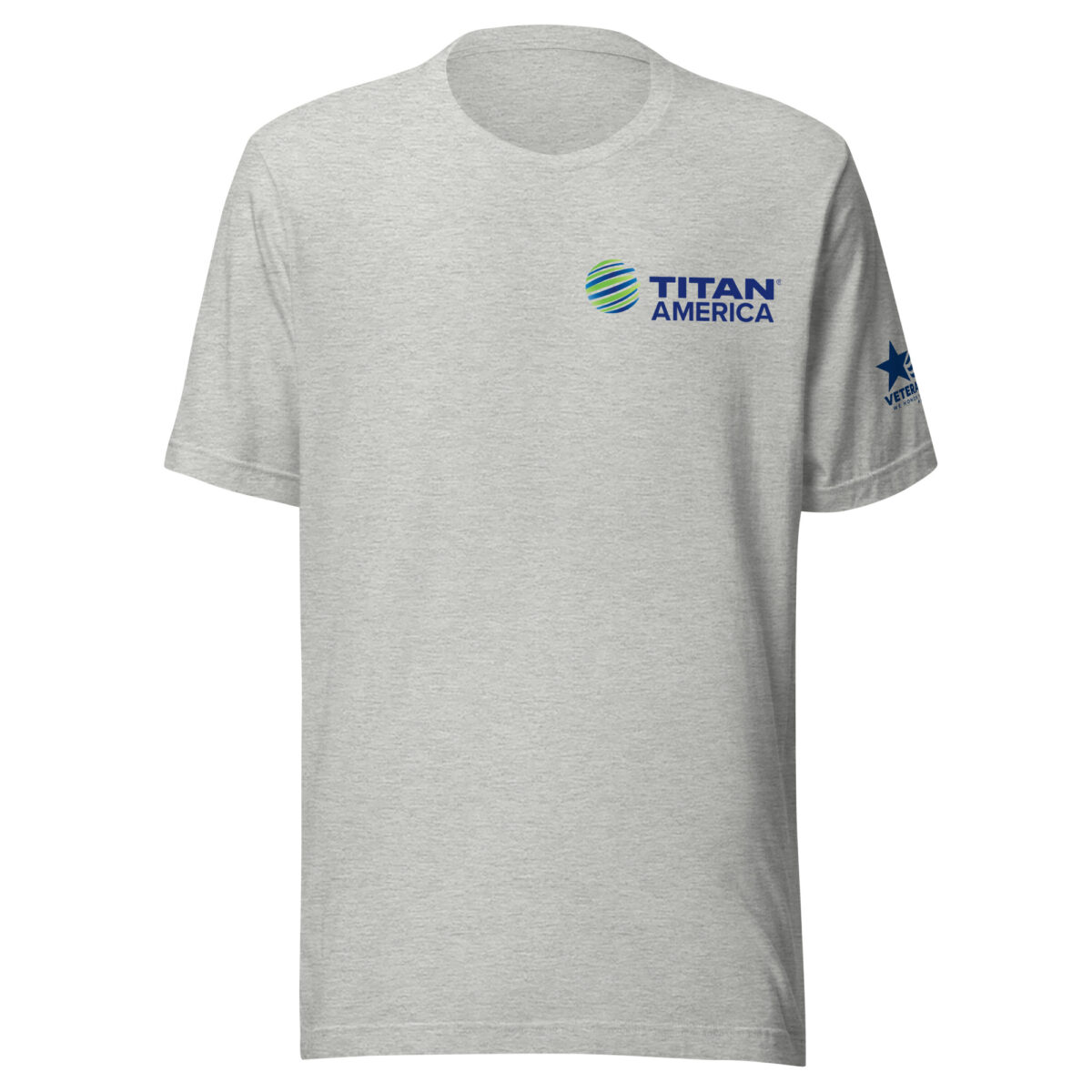 Gray Titan America logo T-shirt with Veterans sleeve emblem