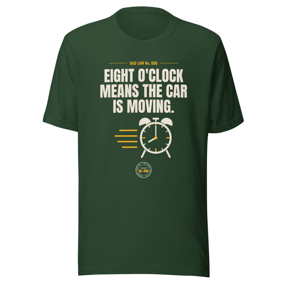 Dark green dad humor T-shirt with clock graphic