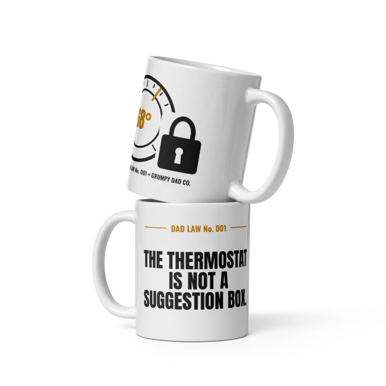Stacked white dad-themed mugs with humorous thermostat message