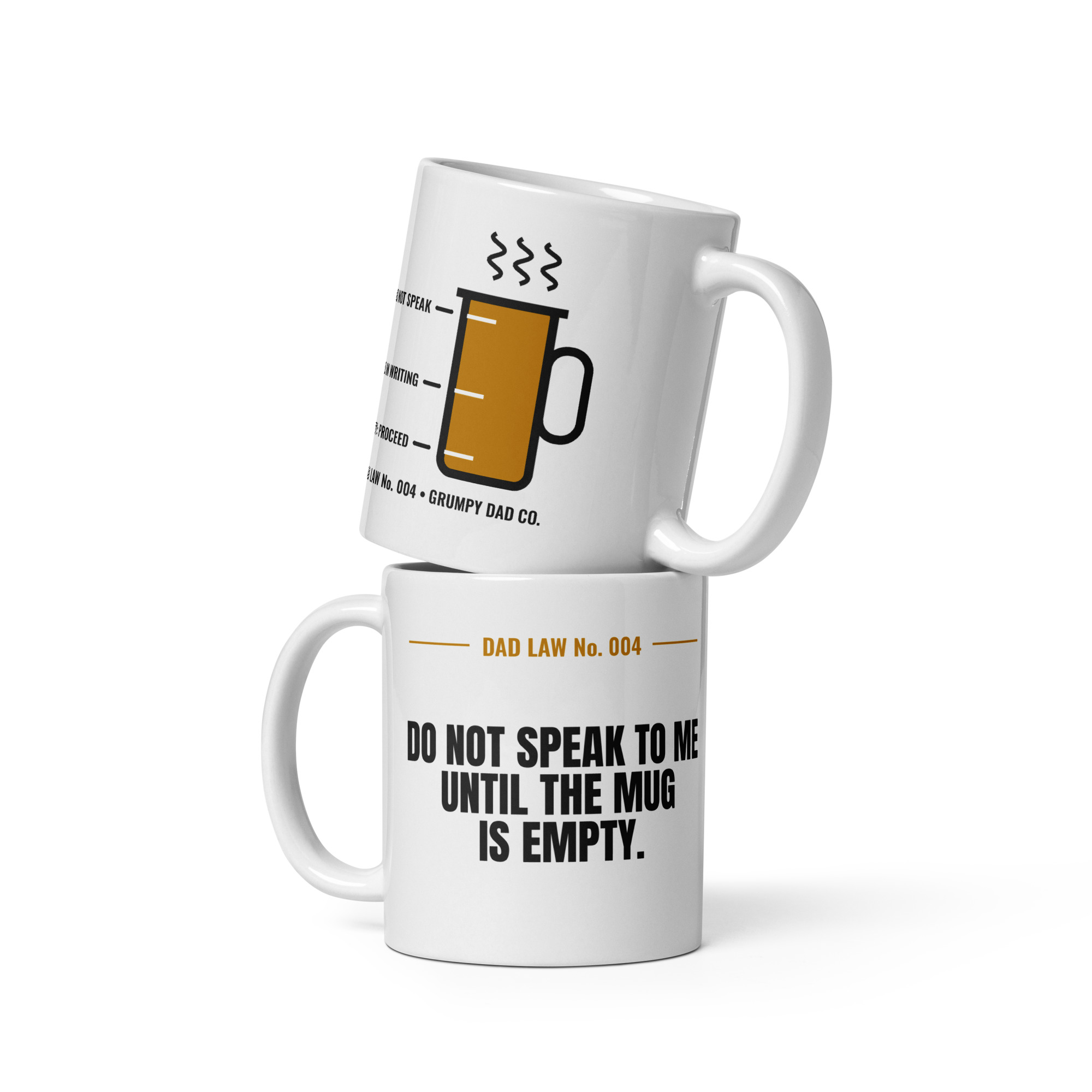 white-glossy-mug-white-11-oz-front-view-6ad22f43dc02e.jpg Stacked white Dad Law coffee mugs with humorous text