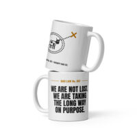 Two white mugs with humorous dad navigation designs