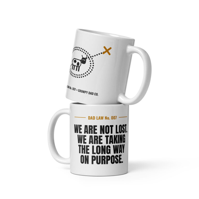Two white mugs with humorous dad navigation designs
