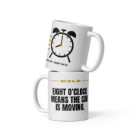 Stacked Dad Law mugs with alarm clock design