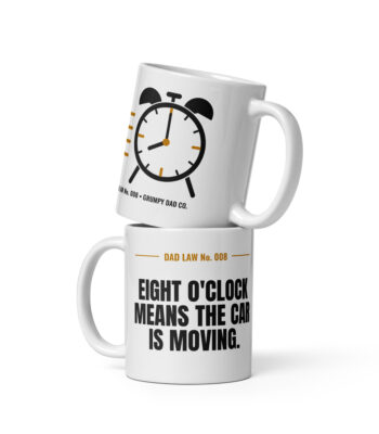 Stacked Dad Law mugs with alarm clock design