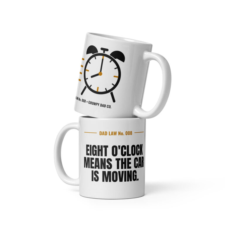 Stacked Dad Law mugs with alarm clock design