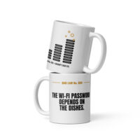 Stacked white Dad Law mugs with humorous Wi-Fi message