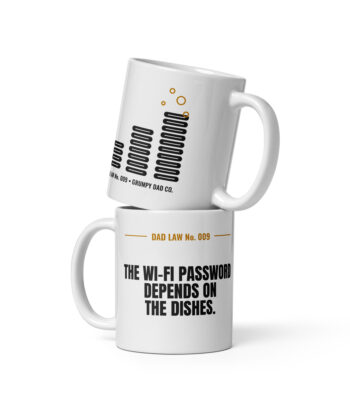 Stacked white Dad Law mugs with humorous Wi-Fi message