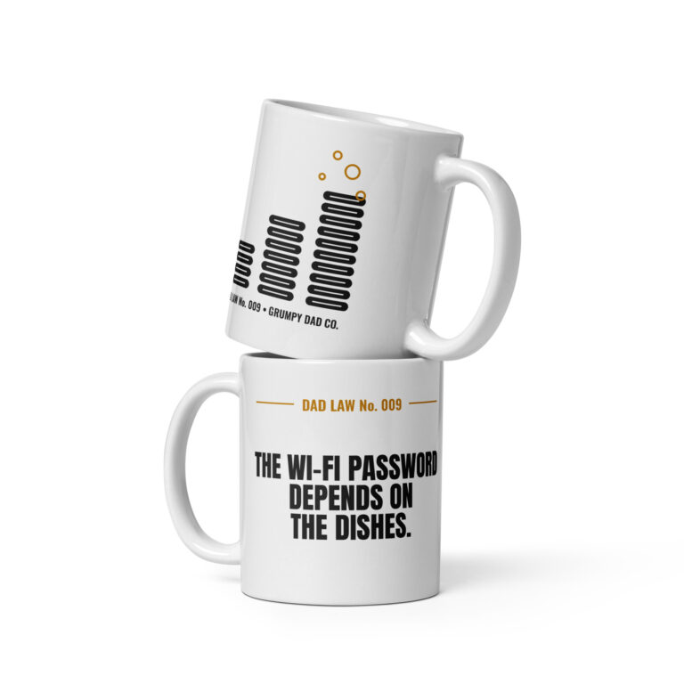 Stacked white Dad Law mugs with humorous Wi-Fi message