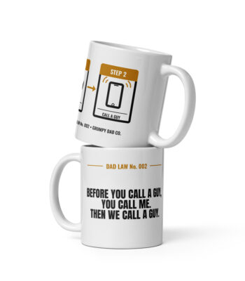 Stacked white Dad Law mugs with humorous text