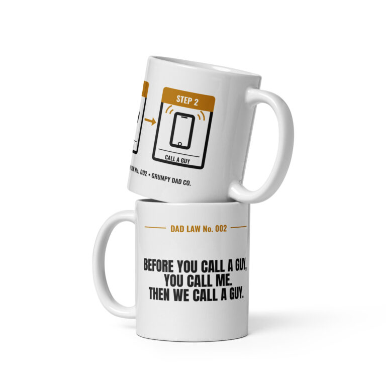 Stacked white Dad Law mugs with humorous text