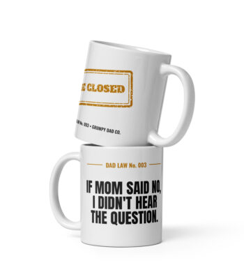 Stacked white mugs with humorous Dad Law slogans