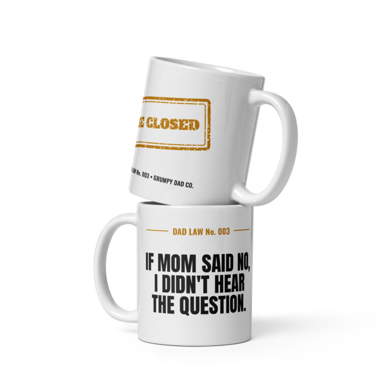 Stacked white mugs with humorous Dad Law slogans