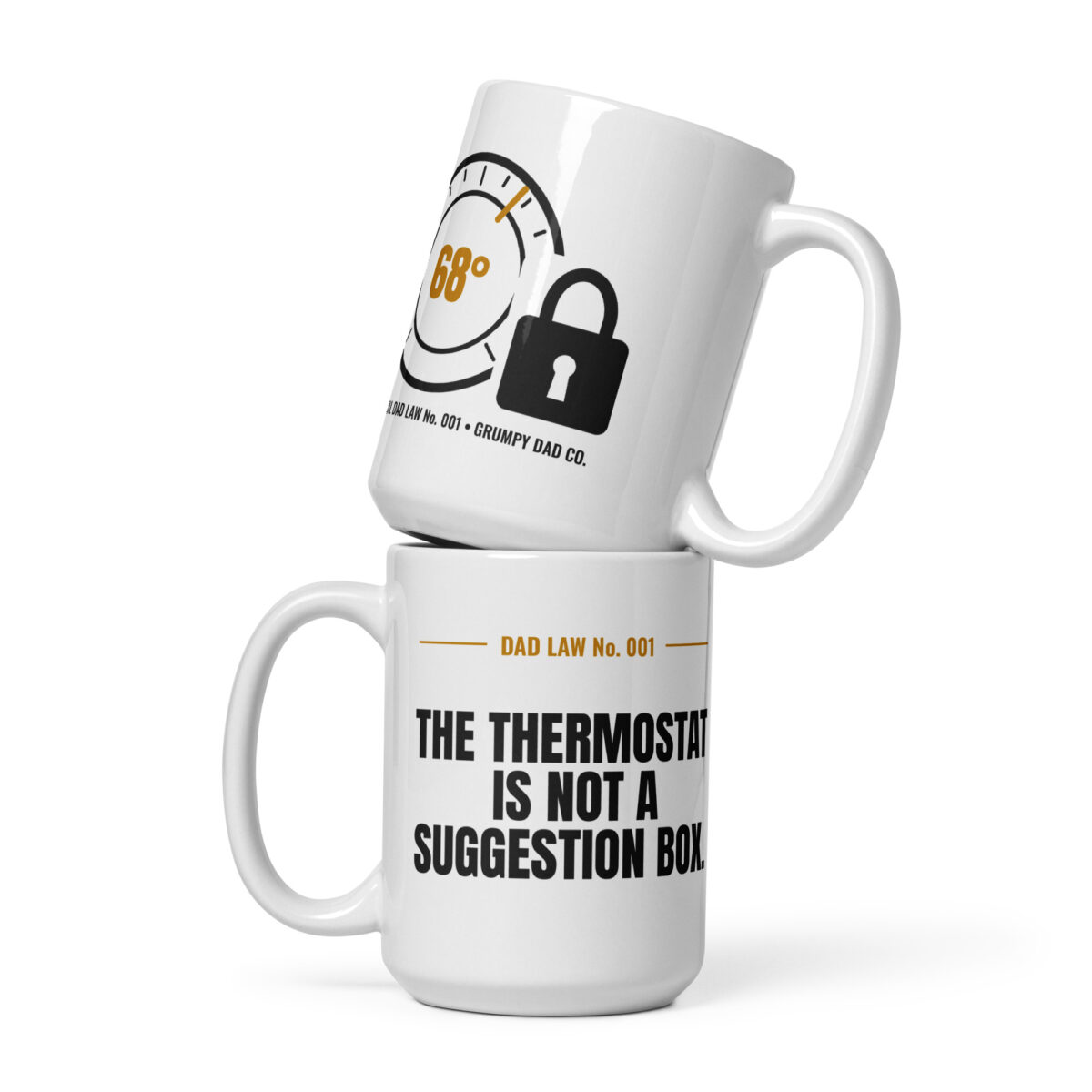 Two white dad-themed mugs with thermostat jokes