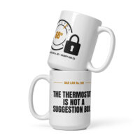 Two white dad-themed mugs with thermostat jokes