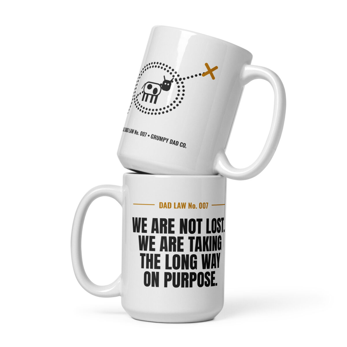 Two white Dad Law mugs with humorous printed designs