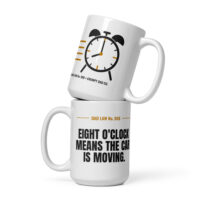 Stacked white dad joke mugs with clock graphic
