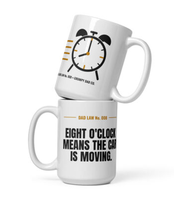 Stacked white dad joke mugs with clock graphic