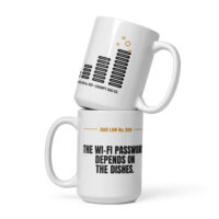 Two white Dad Law mugs with humorous graphics