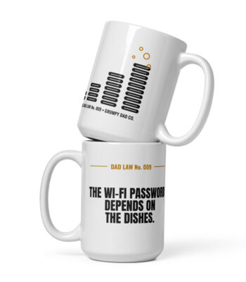 Two white Dad Law mugs with humorous graphics