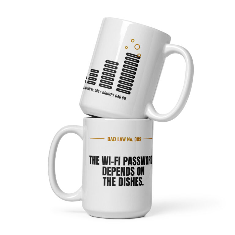 Two white Dad Law mugs with humorous graphics