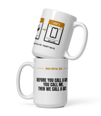 Two white Dad Law No. 002 mugs stacked