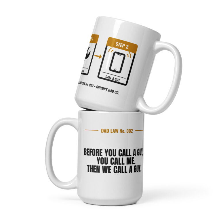 Two white Dad Law No. 002 mugs stacked