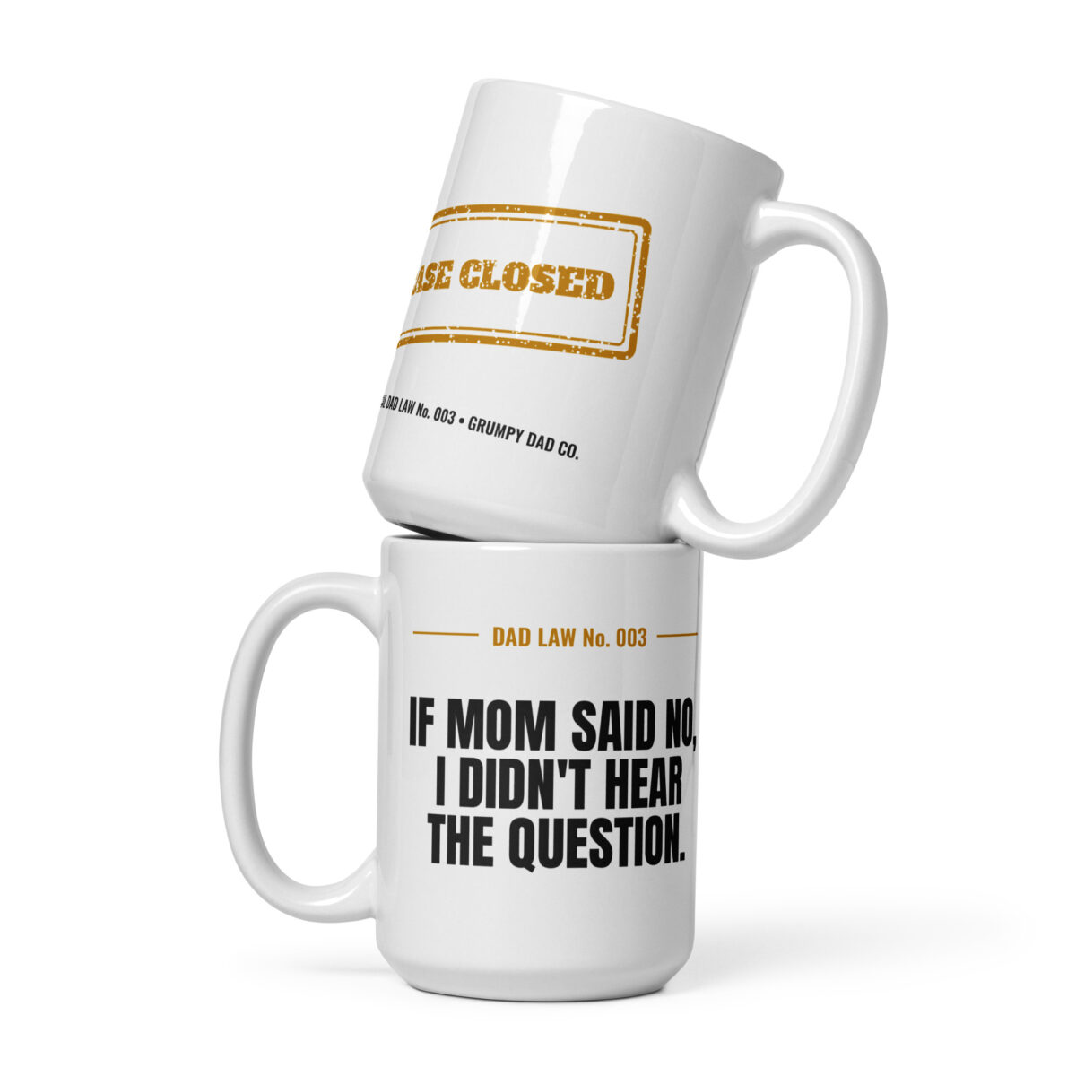 Two white humorous dad-law coffee mugs stacked together